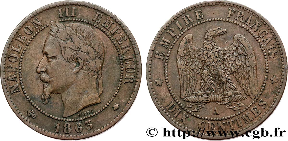 Dix centimes Napoléon III, tête laurée 1863 Paris F.134/10 BB45