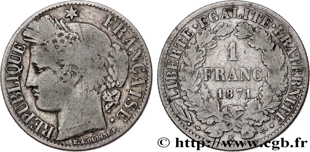 1 franc Cérès, IIIe République 1871 Bordeaux F.216/3 F15