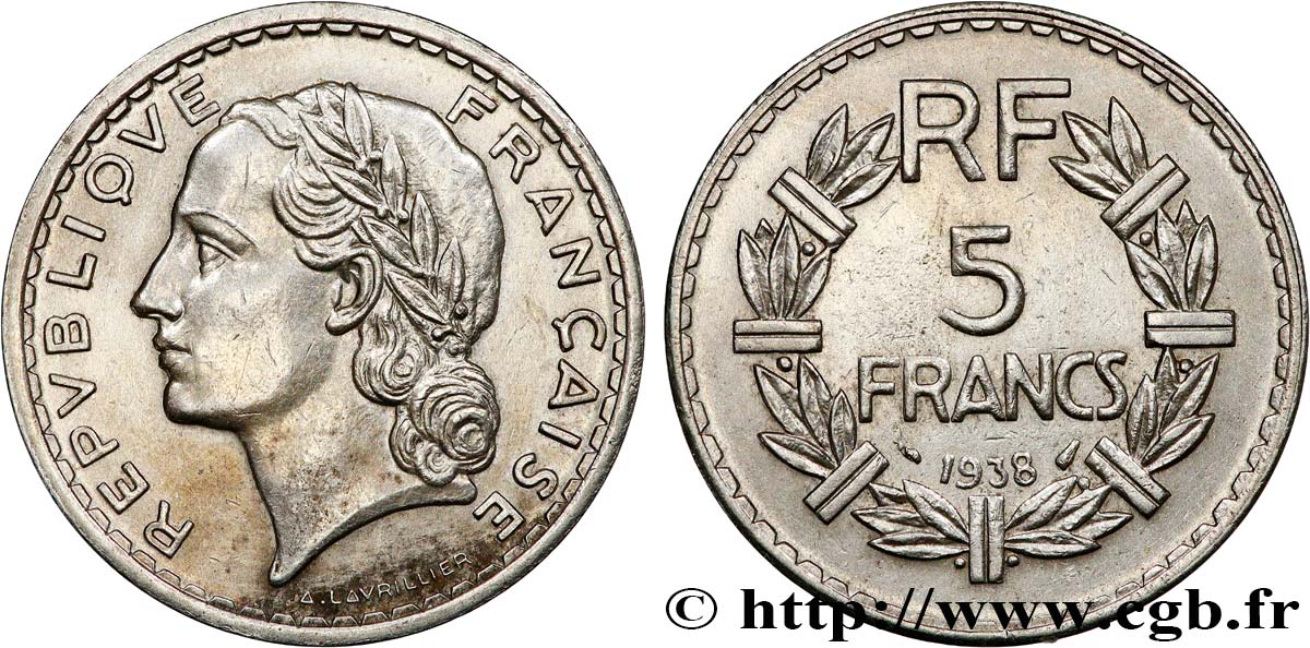5 francs Lavrillier, nickel 1938 F.336/7 AU50
