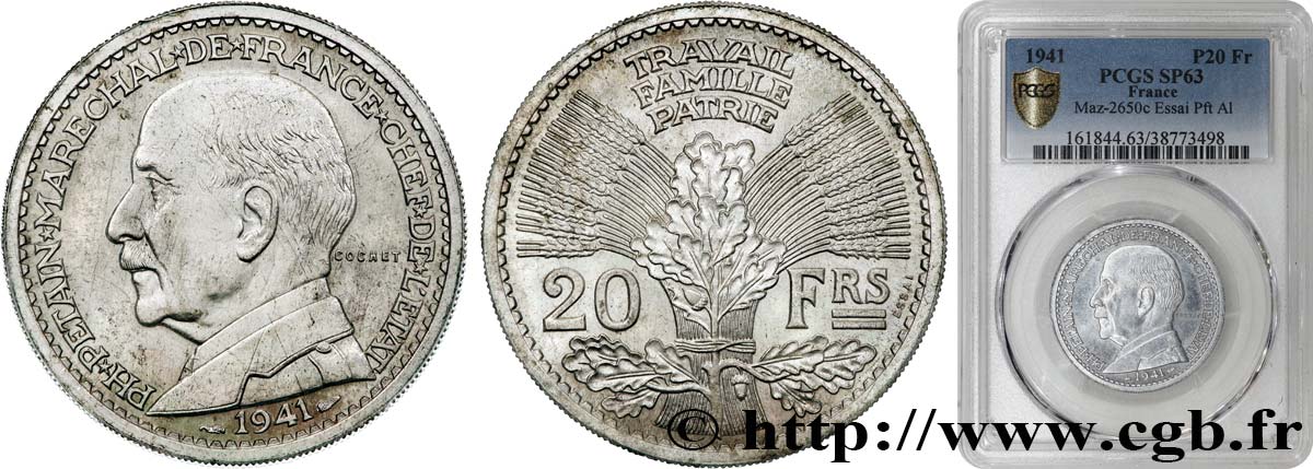Essai - Piéfort de 20 francs Pétain en aluminium par Cochet 1941 Paris GEM.202 EP1 fST63 PCGS
