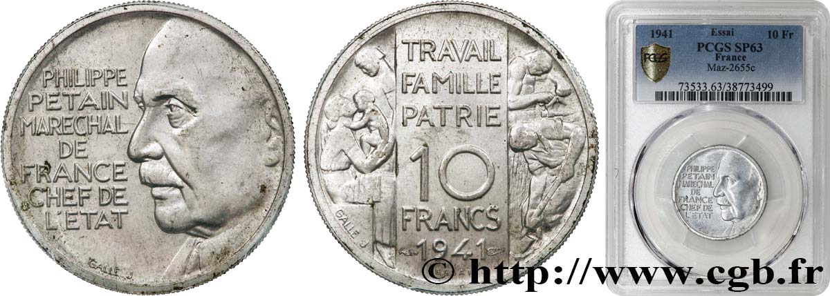 Essai poids lourd de 10 Francs Pétain en aluminium de Galle 1941  GEM.176 3 SC63 PCGS