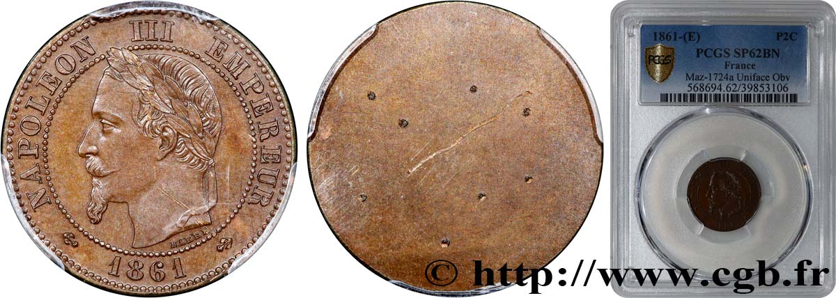 Essai uniface avers de Deux centimes Napoléon III, tête laurée 1861  Maz.1724 a MS62 PCGS
