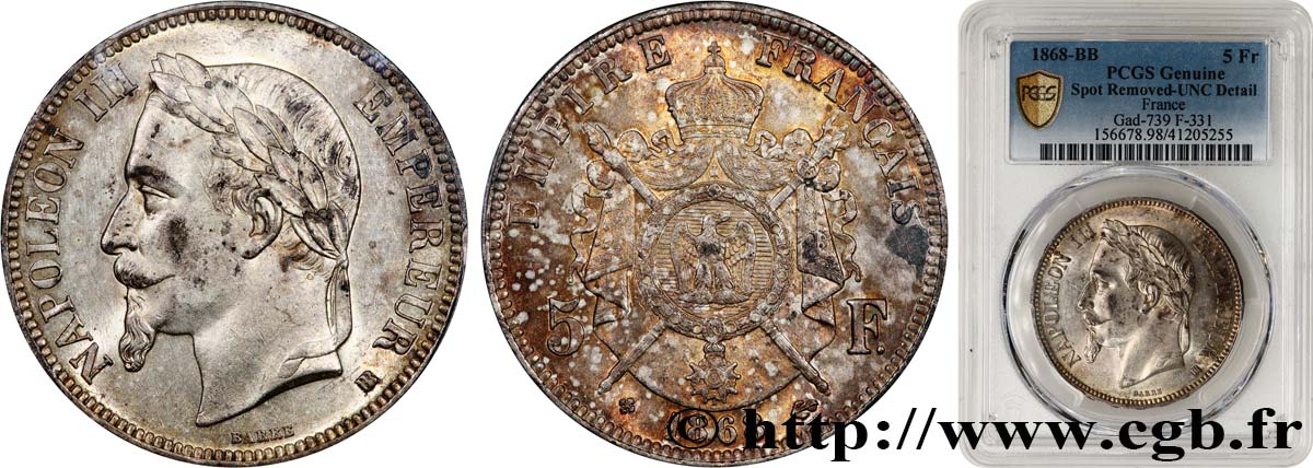 5 francs Napoléon III, tête laurée 1868 Strasbourg F.331/13 SC PCGS