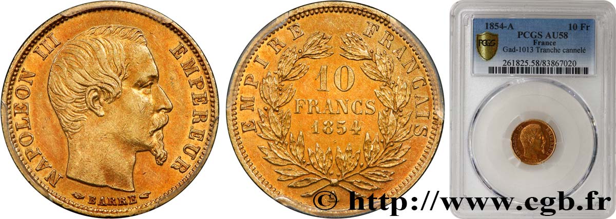 10 francs or Napoléon III tête nue, petit module 1854 Paris F.505A/1 AU58 PCGS