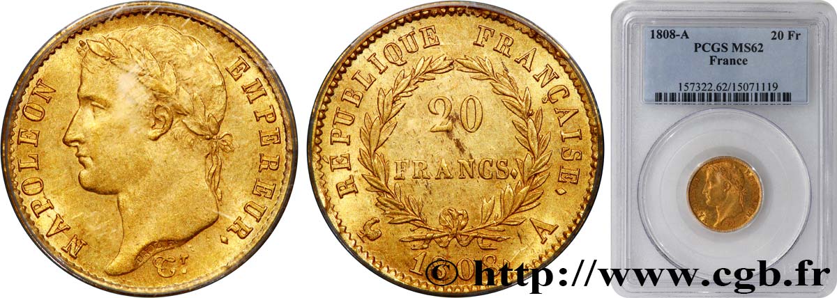 20 francs or Napoléon tête laurée, République française 1808 Paris F.515/2 SUP62 PCGS