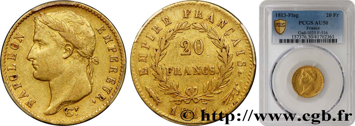 20 francs or Napoléon tête laurée, Empire français 1813 Utrecht F.516/37 SS50 PCGS