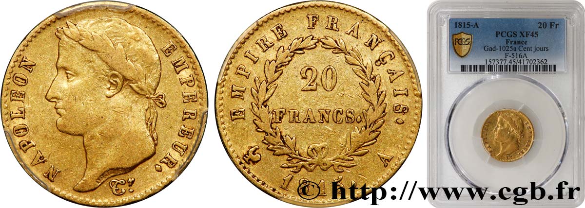 20 francs or Napoléon tête laurée, Cent-Jours 1815 Paris F.516A/1 XF45 PCGS