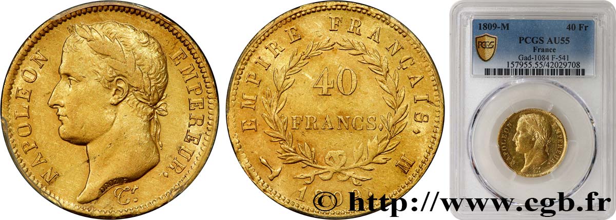 40 francs or Napoléon tête laurée, Empire français 1809 Toulouse F.541/2 AU55 PCGS