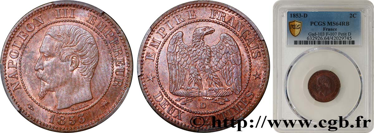 Deux centimes Napoléon III, tête nue 1853 Lyon F.107/5 SC64 PCGS