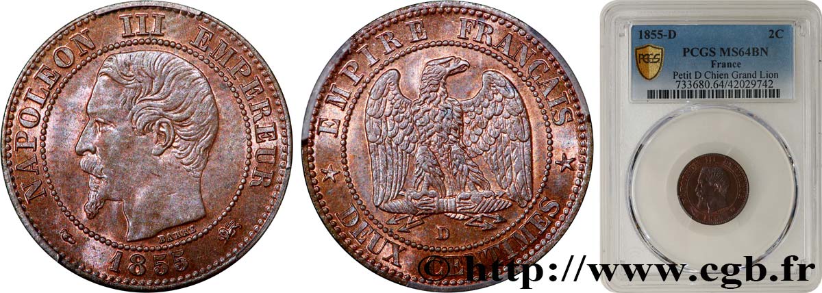 Deux centimes Napoléon III, tête nue 1855 Lyon F.107/29 SC64 PCGS