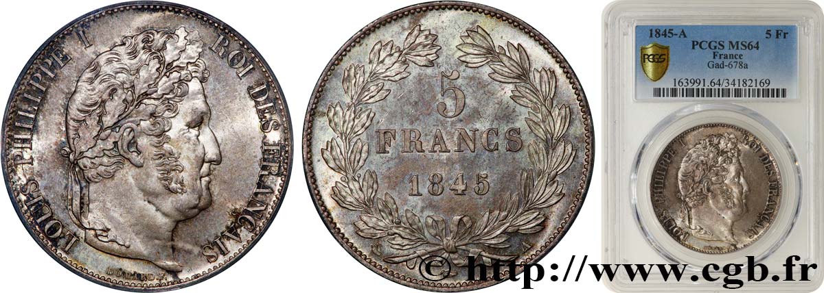 5 francs IIIe type Domard 1845 Paris F.325/6 SC64 PCGS