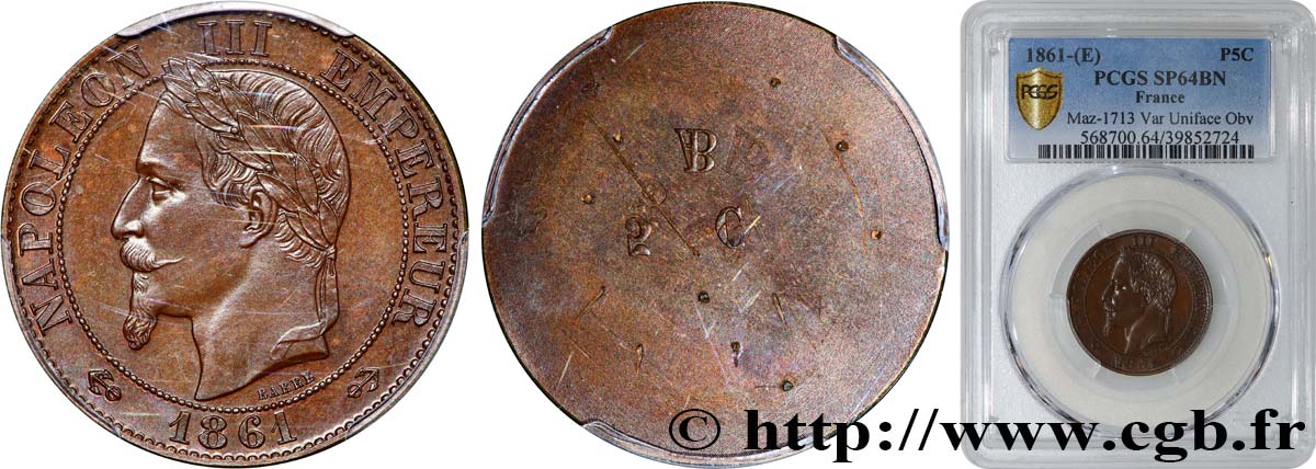 Essai uniface avers de Cinq centimes Napoléon III, tête laurée 1861  Maz.1713  var. MS64 PCGS