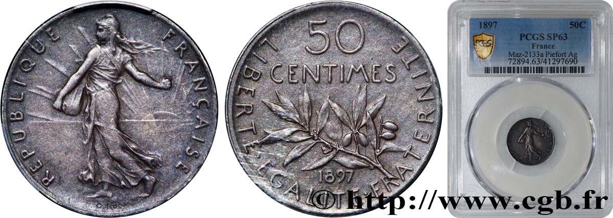 Piéfort de 50 centimes Semeuse, flan mat 1897 Paris GEM.81 P3 SC63 PCGS