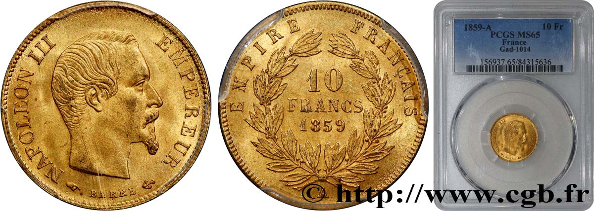 10 francs or Napoléon III, tête nue 1859 Paris F.506/7 MS65 PCGS