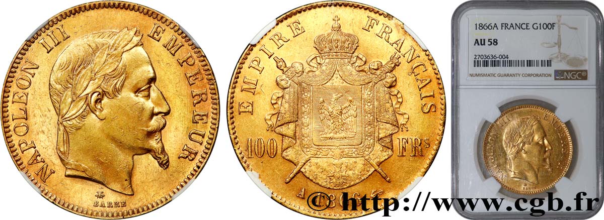 100 francs or Napoléon III, tête laurée 1866 Paris F.551/6 VZ58 NGC