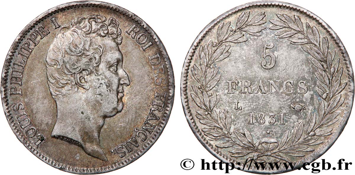 5 francs type Tiolier avec le I, tranche en creux 1831 Bayonne F.315/21 AU50 
