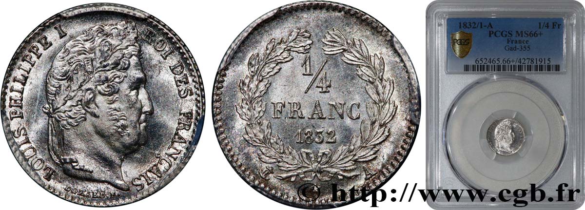 1/4 franc Louis-Philippe 1832 Paris F.166/12 MS66 PCGS
