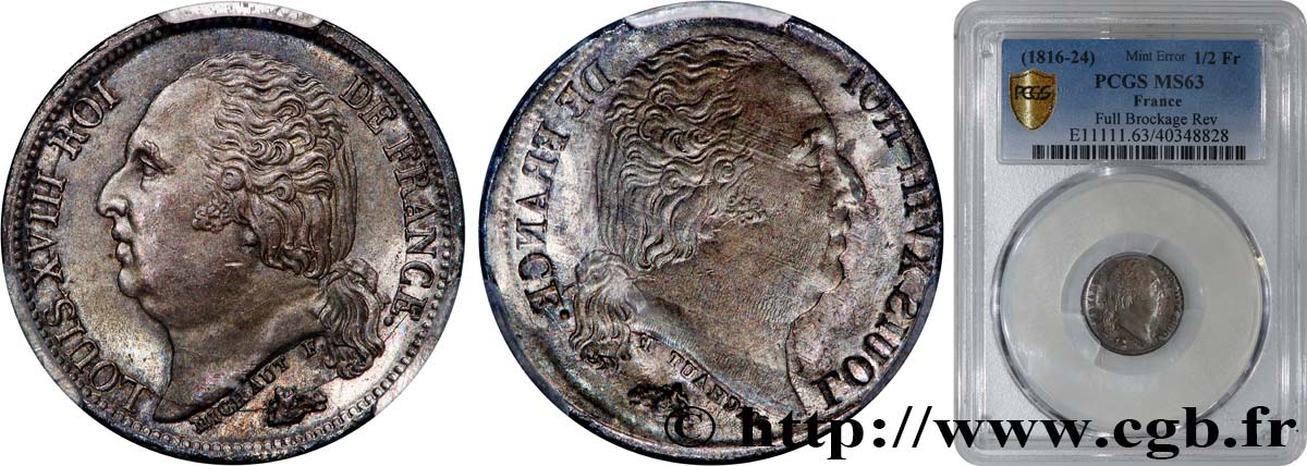 1/2 franc Louis XVIII, Frappe Incuse n.d.  F.179/- MS63 PCGS