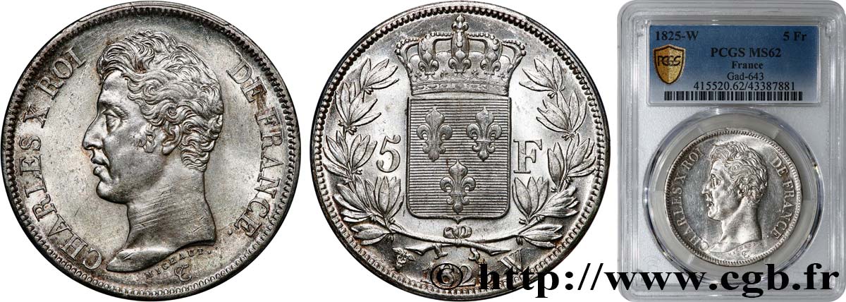5 francs Charles X, 1er type 1825 Lille F.310/14 EBC62 PCGS