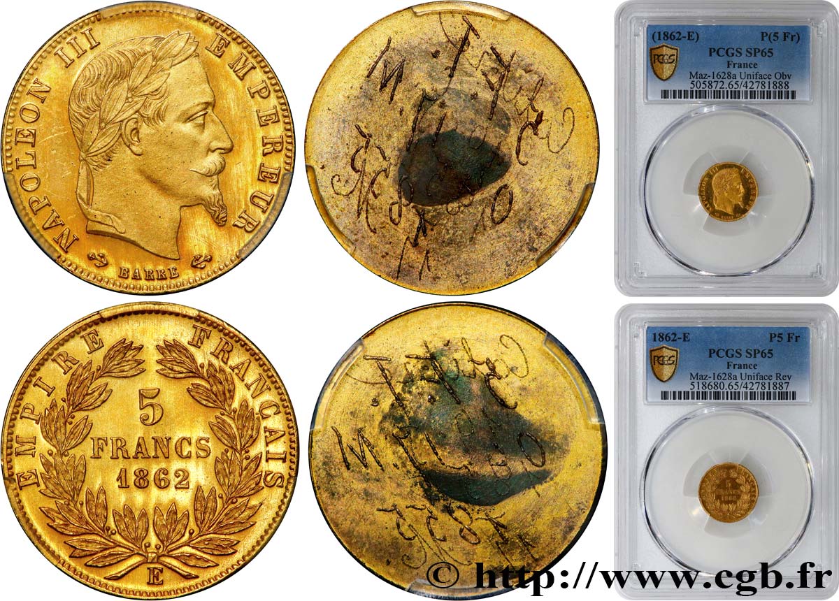 Paire d’essais de frappe unifaces d’avers et de revers de 5 francs or Napoléon III tête laurée 1862  Maz.1628 a MS65 PCGS