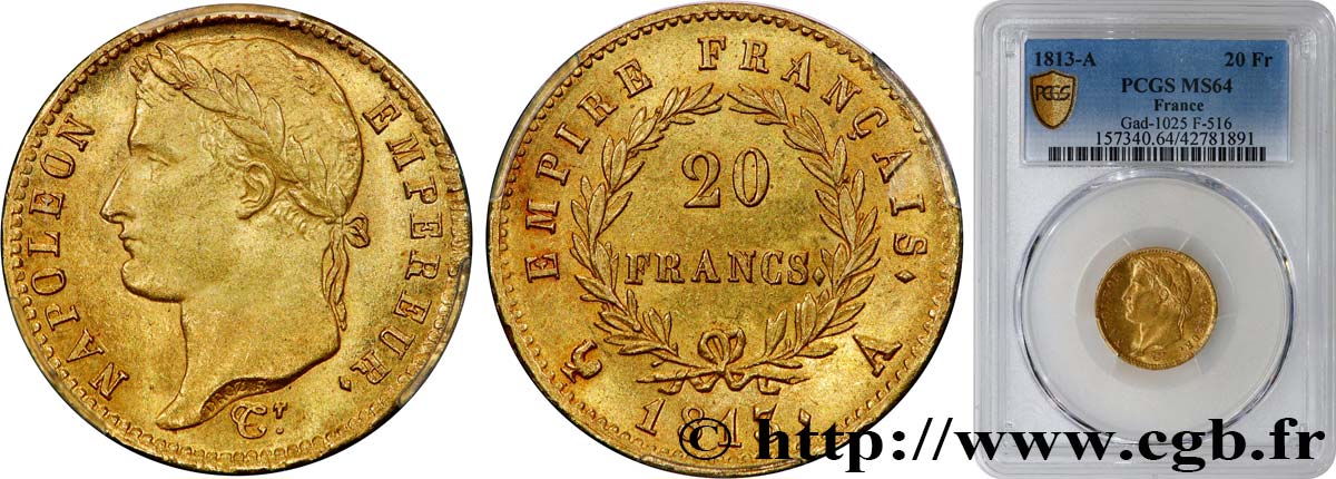 20 francs or Napoléon tête laurée, Empire français 1813 Paris F.516/30 fST64 PCGS