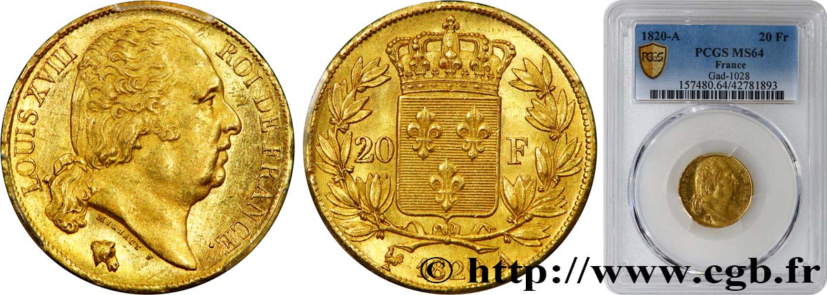 20 francs or Louis XVIII, tête nue 1820 Paris F.519/19 fST64 PCGS