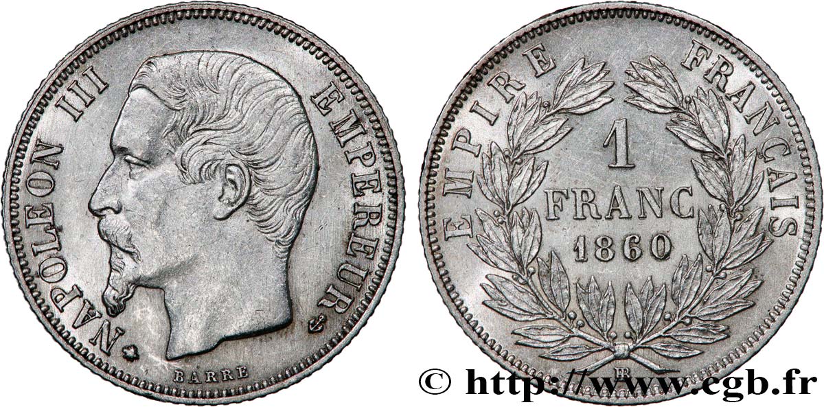 1 franc Napoléon III, tête nue, différent Abeille, 60/50 1860 Strasbourg F.214/18 SPL55 