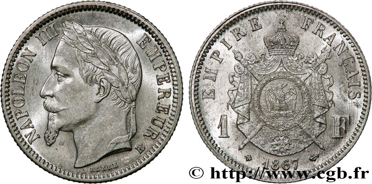 1 franc Napoléon III, tête laurée, grand BB 1867 Strasbourg F.215/8 EBC60 