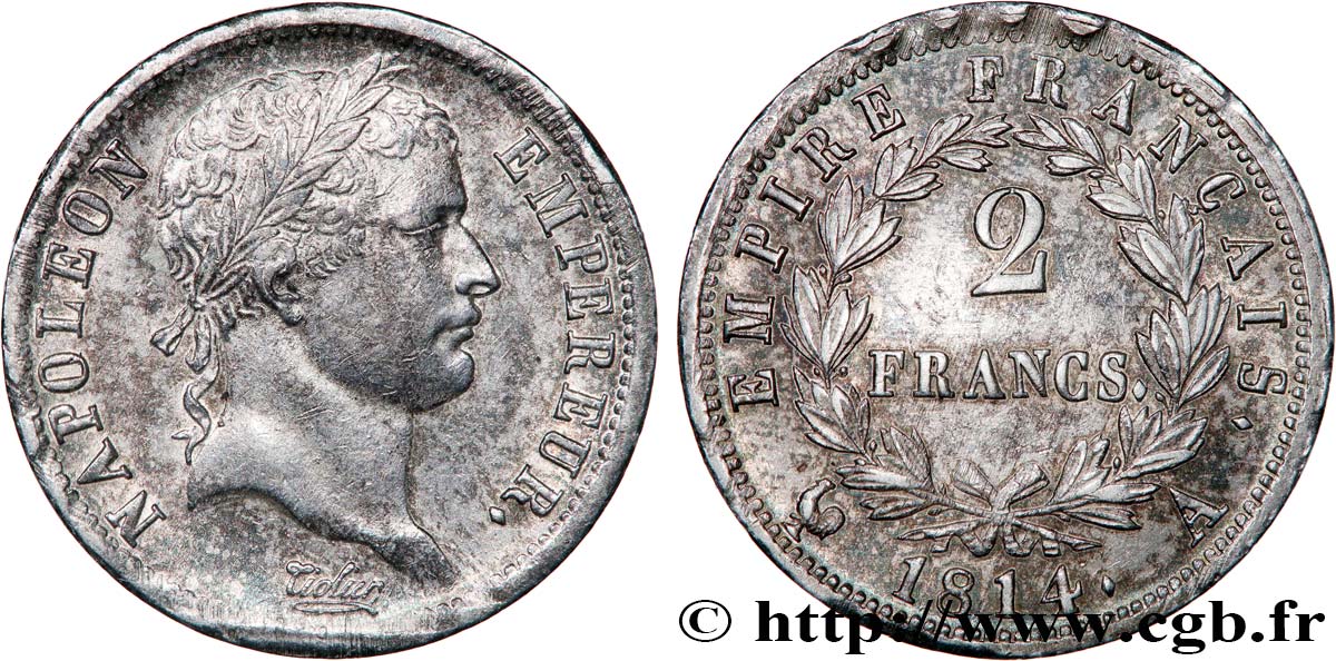 2 francs Napoléon Ier tête laurée, Empire français 1814 Paris F.255/67 AU55 