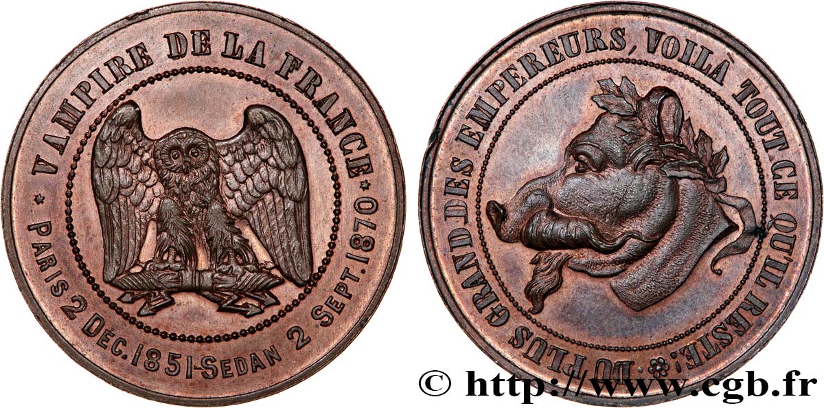 Monnaie satirique Cu 32, module de dix centimes à la tête de cochon 1870  Schw.C6c p.353 fST 