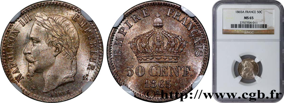 50 centimes Napoléon III, tête laurée, différent au milieu 1865 Paris F.188/6 MS65 NGC