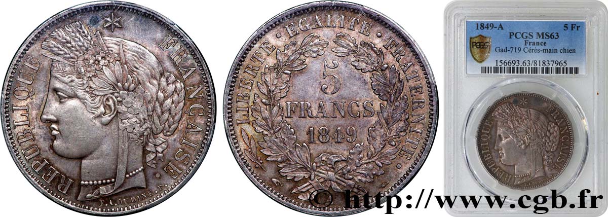 5 francs Cérès, IIe République 1849 Paris F.327/1 MS63 PCGS