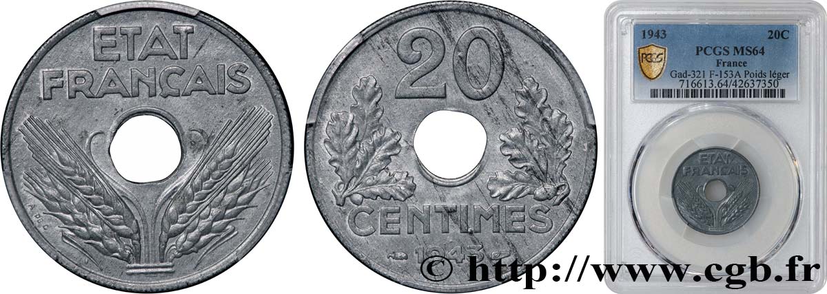 20 centimes État français, légère 1943  F.153A/1 MS64 PCGS