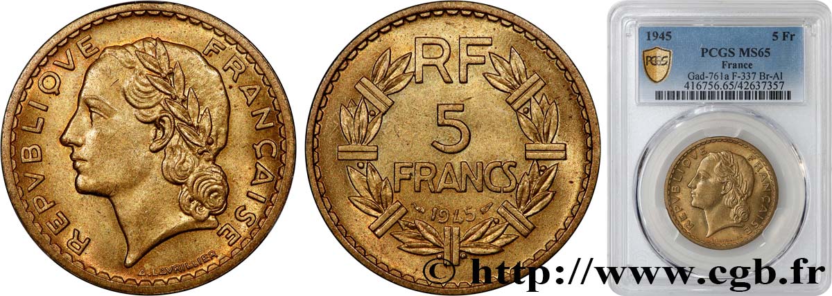 5 francs Lavrillier, bronze-aluminium 1945  F.337/5 FDC65 PCGS