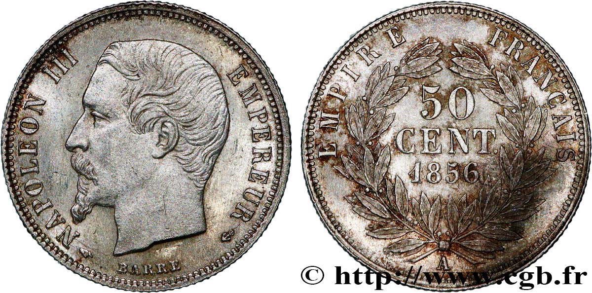 50 centimes Napoléon III, tête nue, petits différents 1856 Paris F.187/5 VZ60 