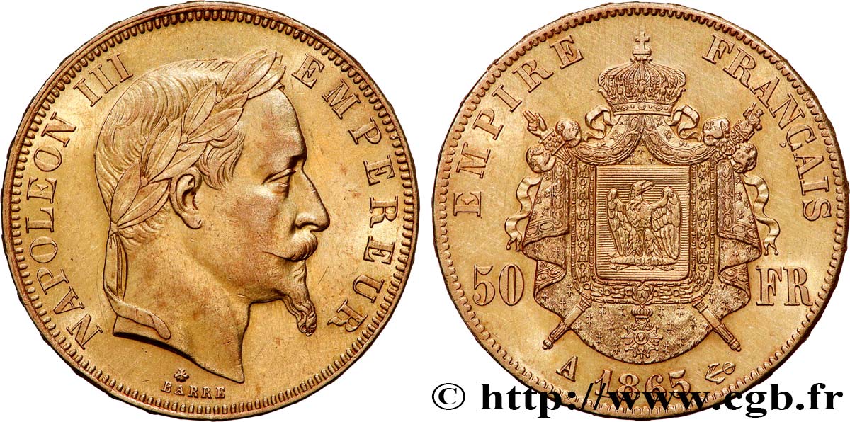 50 francs or Napoléon III, tête laurée 1865 Paris F.548/5 AU