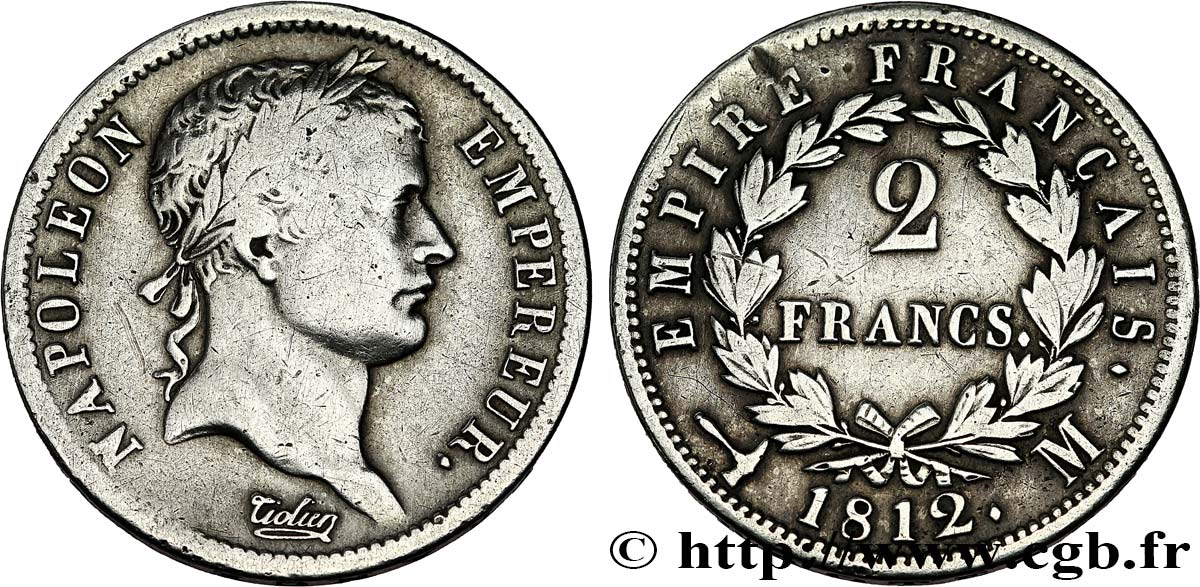 2 francs Napoléon Ier tête laurée, Empire français 1812 Toulouse F.255/46 VF 