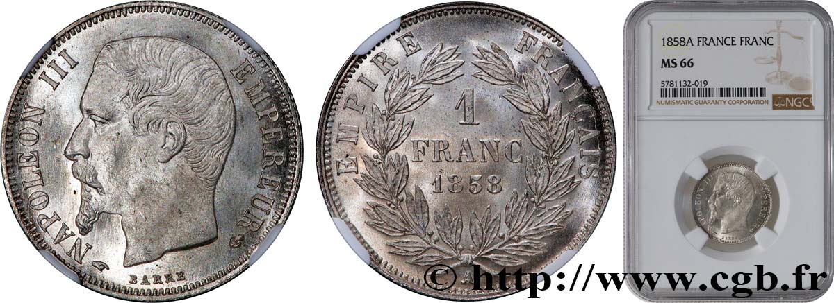 1 franc Napoléon III, tête nue 1858 Paris F.214/11 ST66 NGC