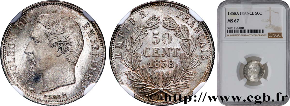 50 centimes Napoléon III, tête nue 1858 Paris F.187/9 MS67 NGC