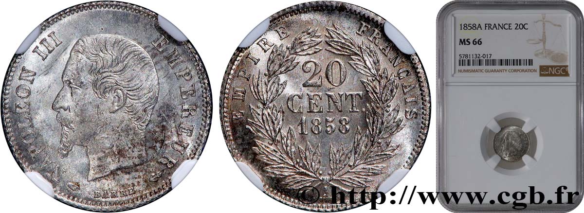 20 centimes Napoléon III, tête nue 1858 Paris F.148/10 MS66 NGC
