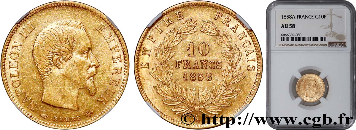 10 francs or Napoléon III, tête nue 1858 Paris F.506/5 SUP58 NGC