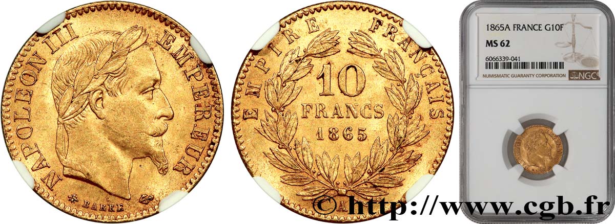 10 francs or Napoléon III, tête laurée 1865 Paris F.507A/9 SUP62 NGC