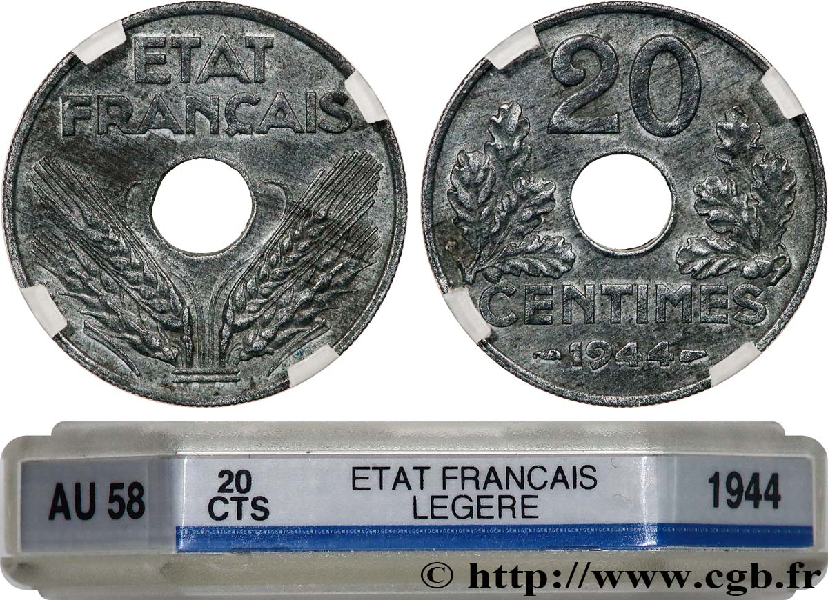 20 centimes État français 1944  F.153A/2 AU58 GENI
