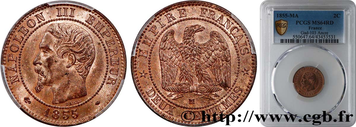 Deux centimes Napoléon III, tête nue 1855 Marseille F.107/36 SPL64 PCGS