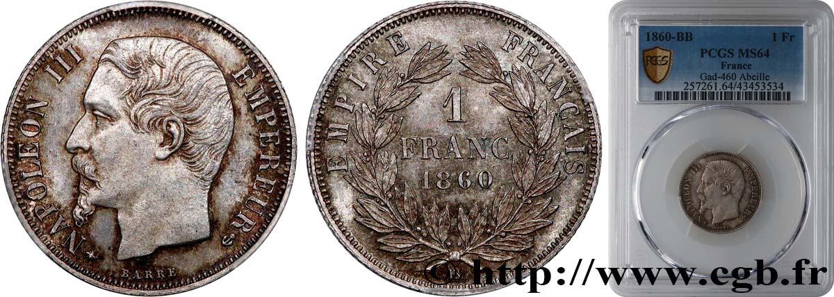 1 franc Napoléon III, tête nue 1860 Strasbourg F.214/17 SC64 PCGS