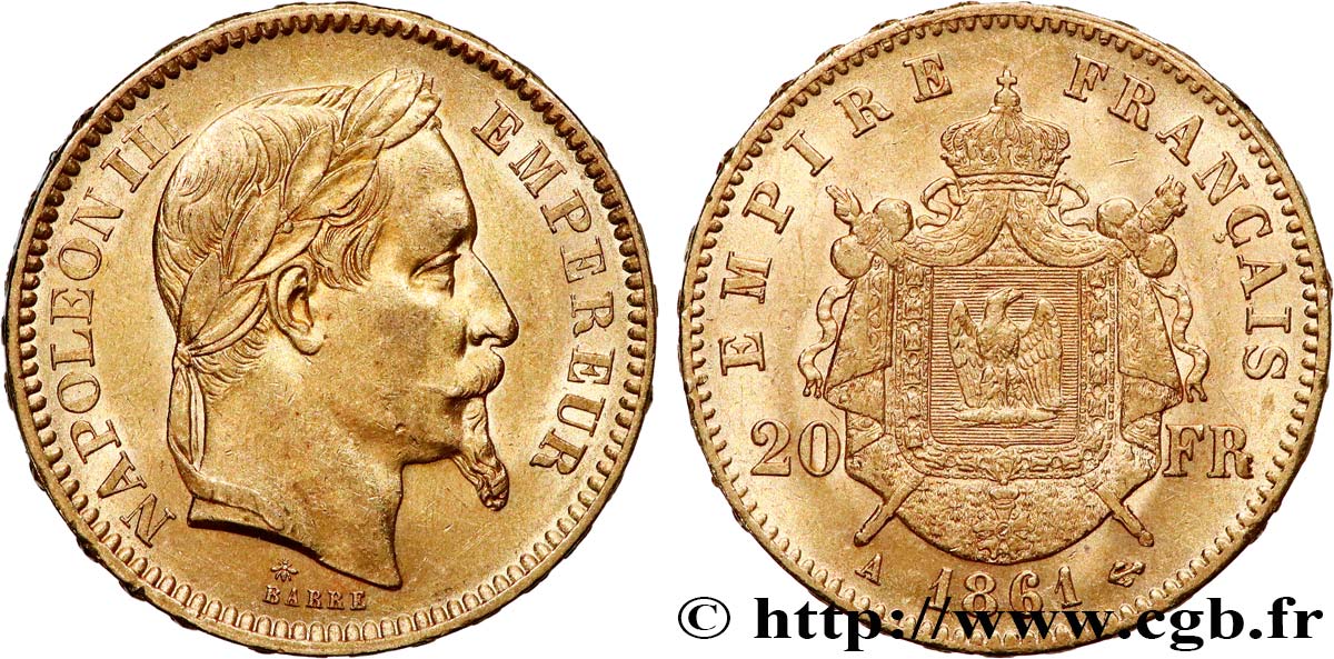 20 francs or Napoléon III, tête laurée 1861 Paris F.532/1 SUP55