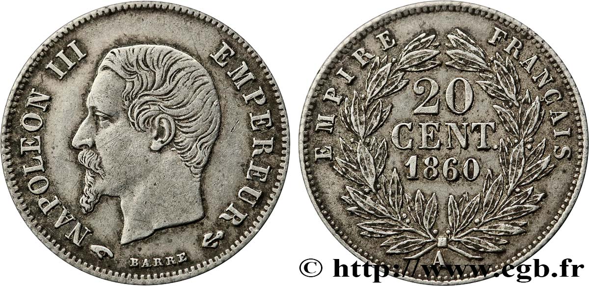 20 centimes Napoléon III, tête nue 1860 Paris F.148/14 fVZ 
