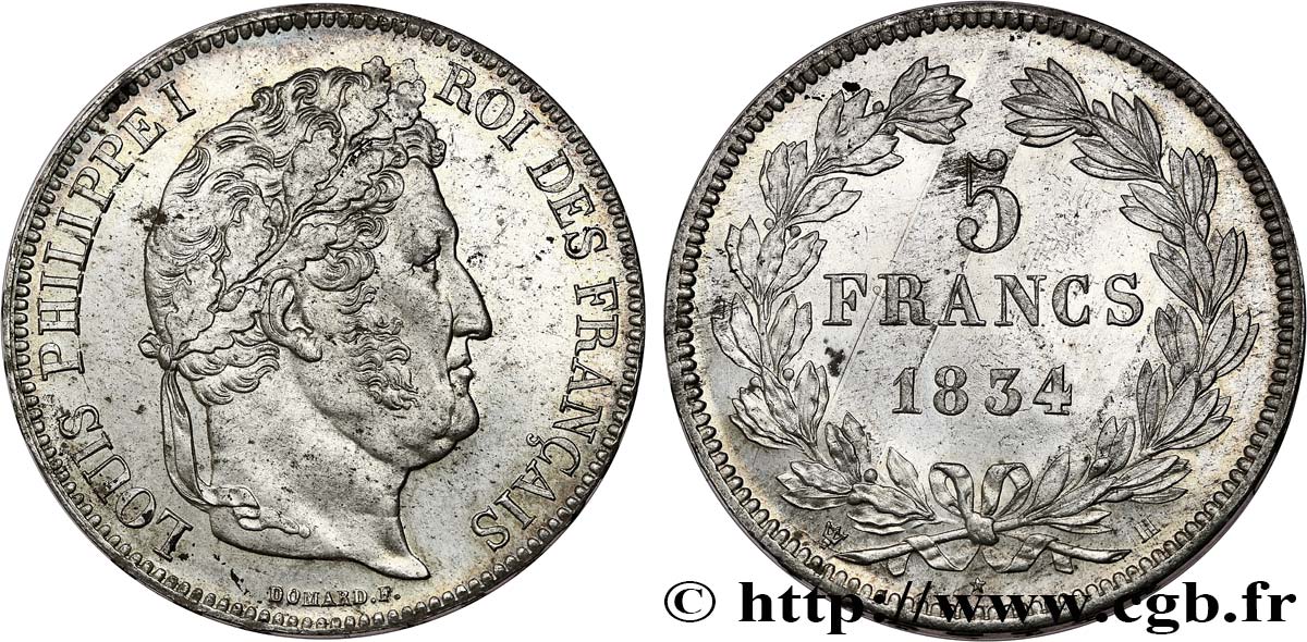5 francs IIe type Domard 1834 La Rochelle F.324/33 SUP+ 