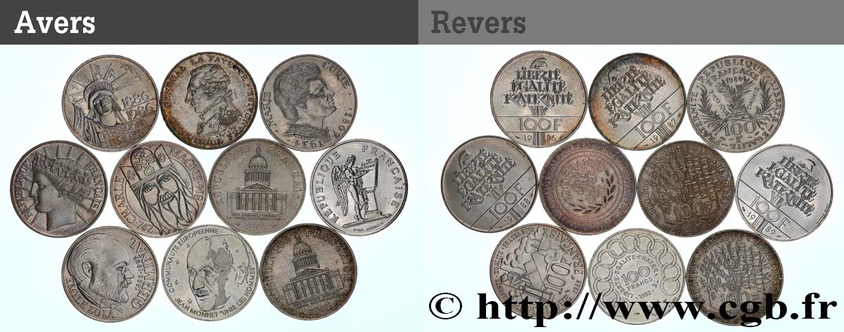 Lot de 10 pièces de 100 francs commémoratives - - F.-/ TTB