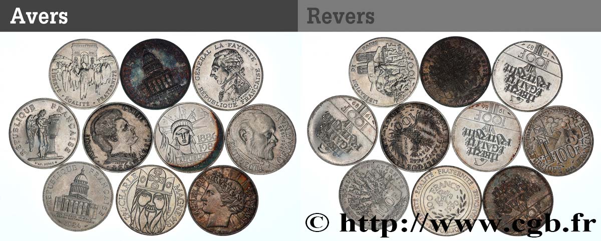 Lot de 10 pièces de 100 francs commémoratives - - F.-/ MBC